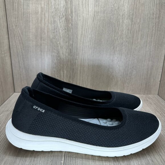 Crocs 205880 Reviva Ballet Flat Slip On Shoes Womens 11 Low Top Knit Black White - Picture 1 of 10
